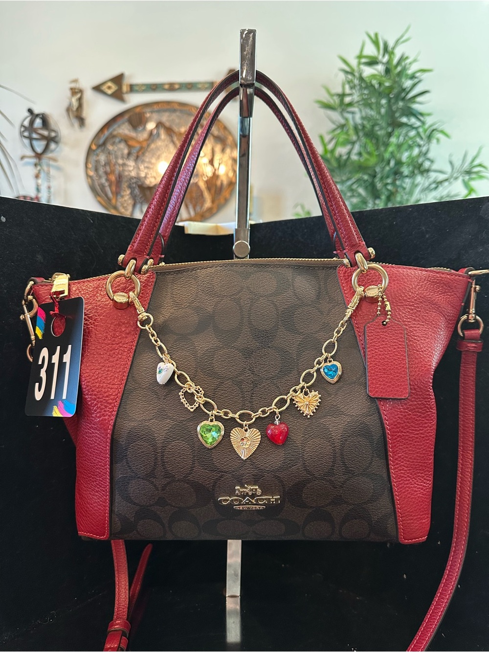 Coach #311 Kasey Satchel Brown Signature Tote with Red Leather Trim